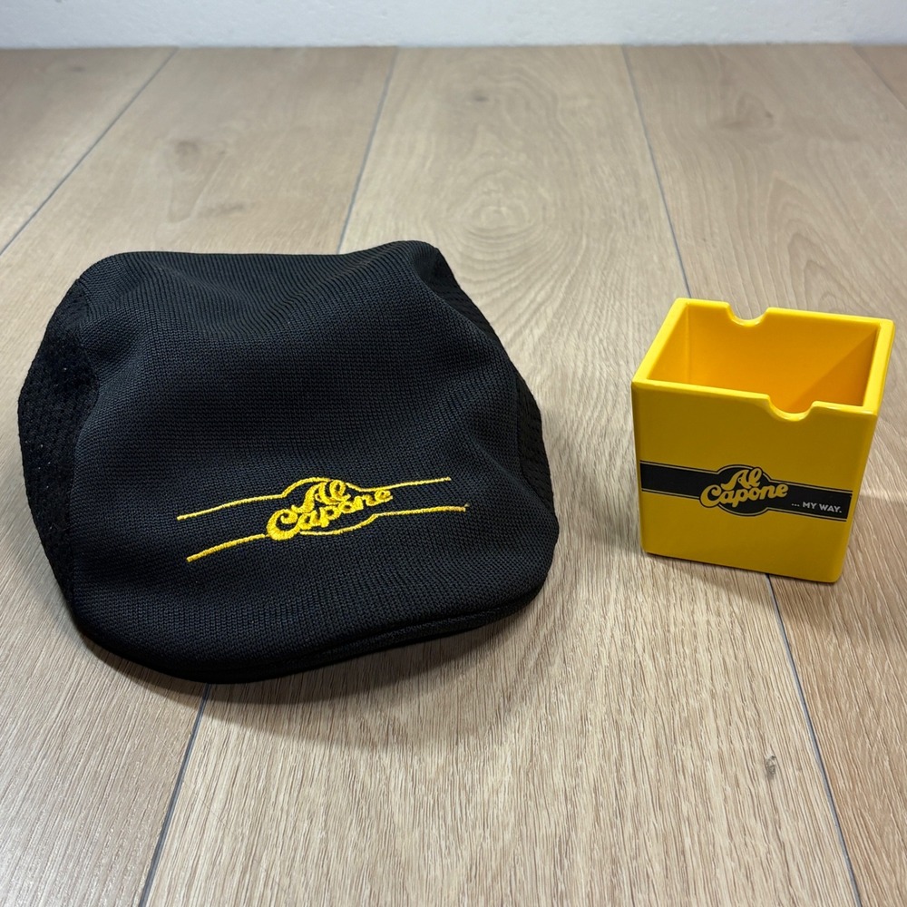 Al Capone Cigars Black Mesh Flat Cap Cabbie Hat & Yellow Ashtray Set No Comment
